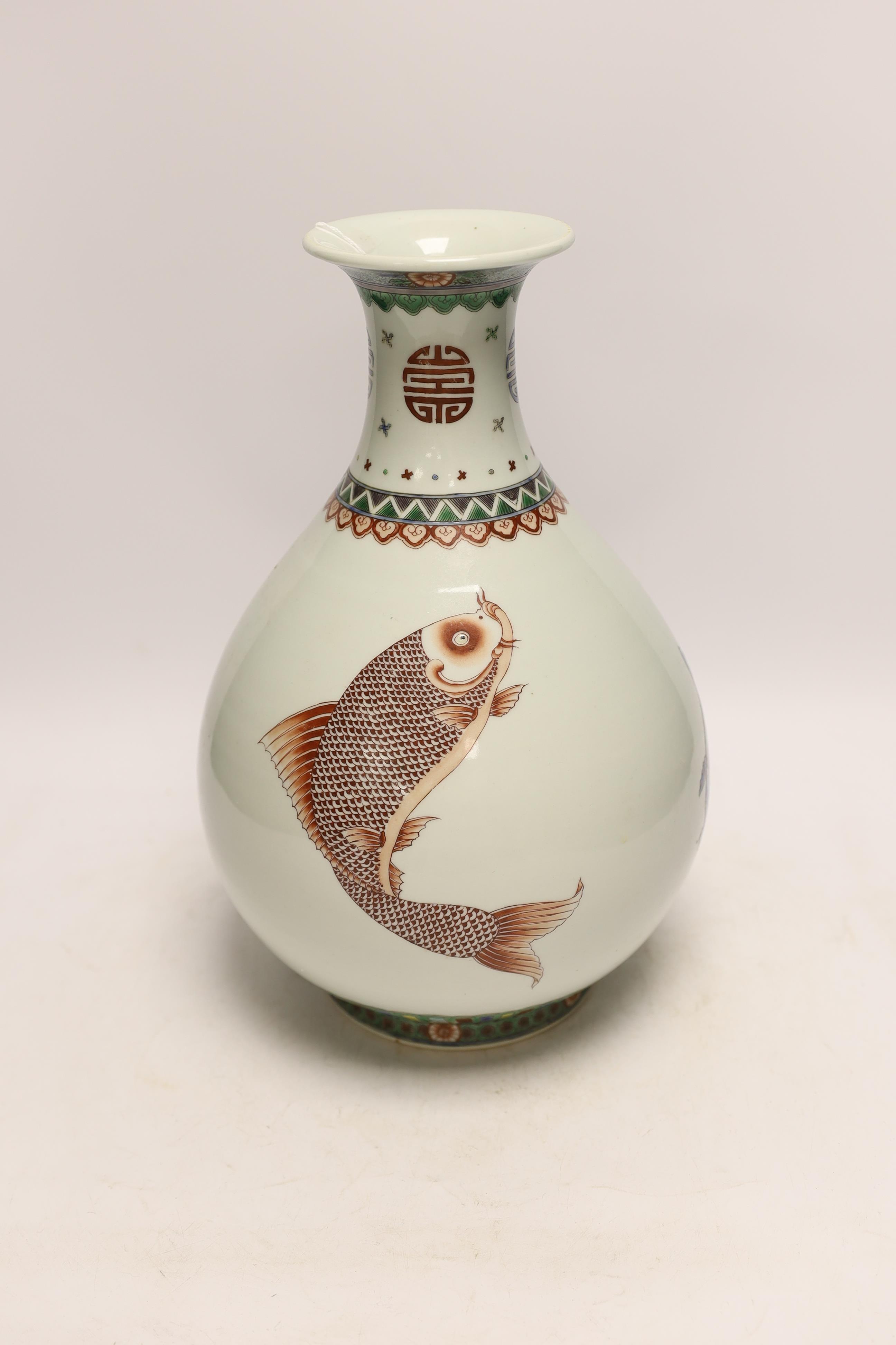 A Chinese famille verte ‘fish’ vase, Kangxi mark but later, 32cm